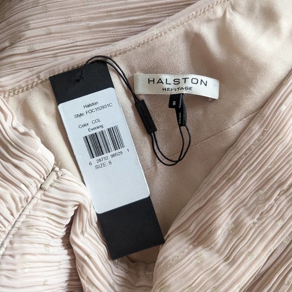 Halston Heritage One Shoulder Metallic Champagne Gold Trumpet Dress Size 8 - Picture 10 of 15